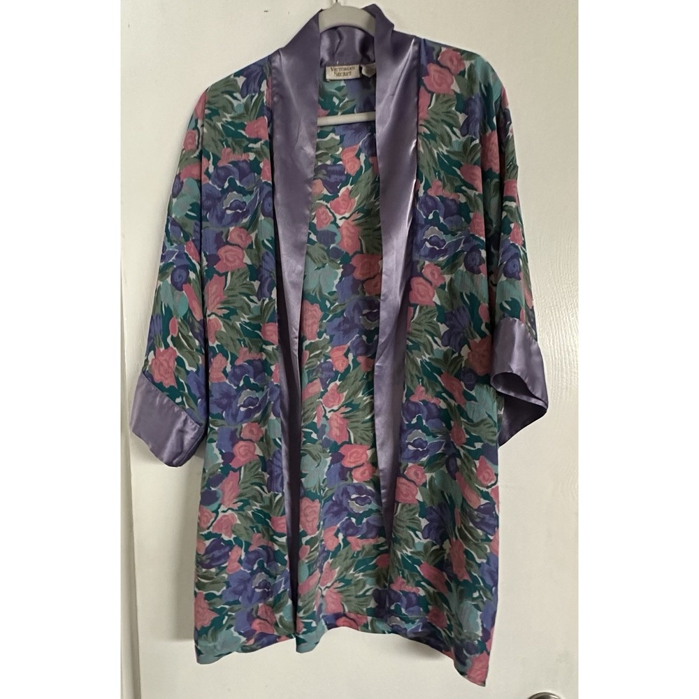 Victoria's‎ Secret VTG Gold Label Retro Floral Purple Open Robe Kimono Pockets
